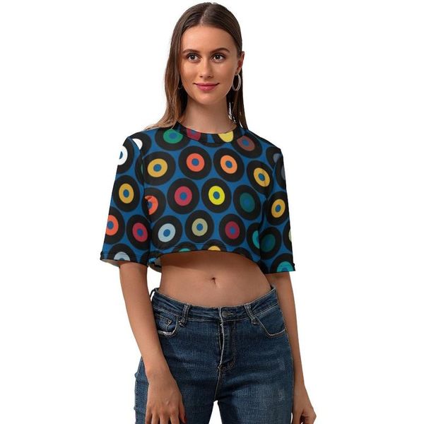 

women's t-shirt vinyl record crop tshirt short sleeve woman t shirt casual simple o neck printed polyester, White