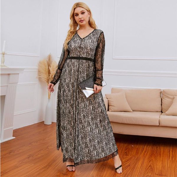 

casual dresses spring summer 2021 women fashion dress female v neck hollow out long sleeve lace party plus size maxi, Black;gray