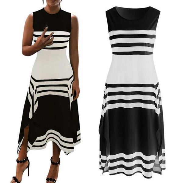 

horizontal striped dress sukienka irregular hem robe femme ete 2021 a line womens sleeveless color block size 3xl casual dresses, Black;gray