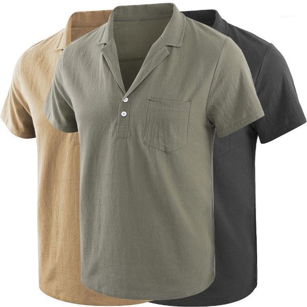 

men's casual shirts short-sleeved shirt men's solid summer lapel collar male fashion v-neck button clothing, White;black