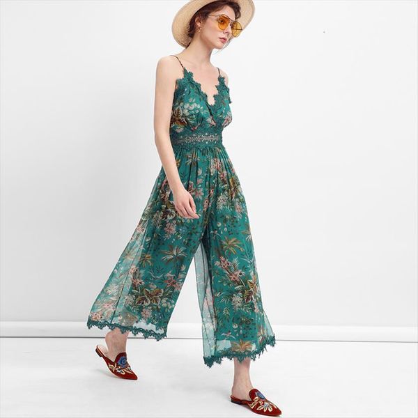 

green floral print chiffon women jumpsuit playsuits backless sleeveless deep v neck lace summer romper elegant chic, Black;white