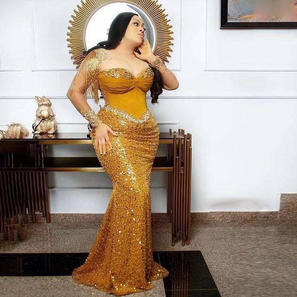 

2022 aso ebi glitter gold mermaid prom dresses sheer long sleeves bling sequins beaded evening gowns zipper back formal party dress pageant, Black