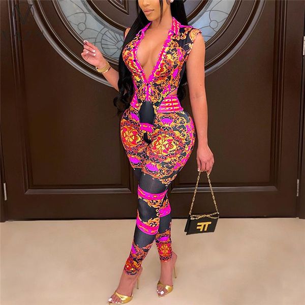 

women's two piece pants vazn 2021 women holiday style sets sleeveless lapel jumpsuits elastic long printed, White