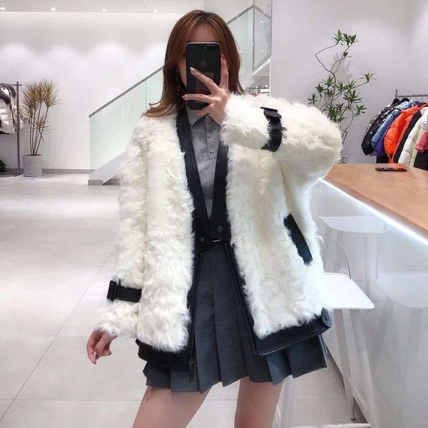 

women's fur & faux women winter coat v-neck genuine leather jacket real sheep short clothes fashion slim warm female + fn0062, Black