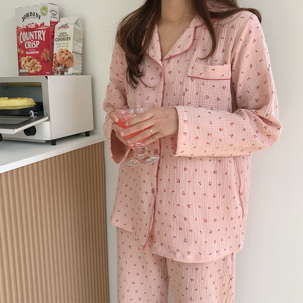 

2021cotton linen sleepwear set sweet cute cherry print pajamas vintage kawaii notched pocket home suit shirt+trousers button s890, Black;red