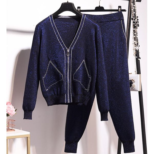 

pant autumn fashion knitted outfits women tracksuits cardigan sweater pencil pants set female loose sports navy knit suit streetwear, White