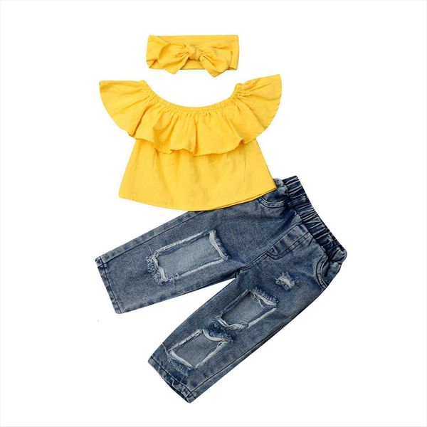 

1 6y summer kids baby girl clothes sets yellow off shoulder ripped jeans denim pant headband 3pcs, White