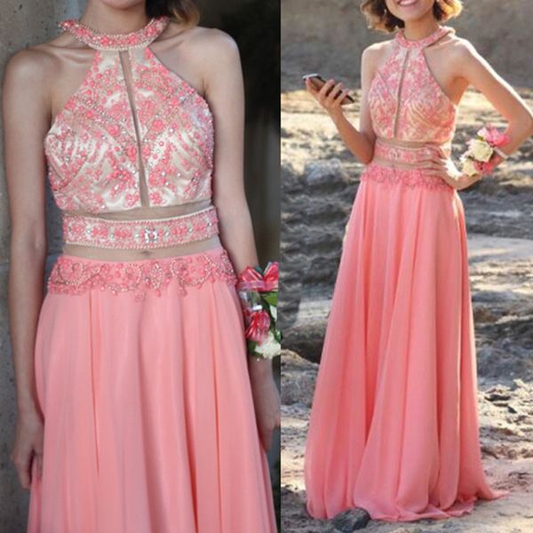 

nude pink chiffon long bridesmaid dresses major beaded halter guest evening prom dresses 100% real image, Black