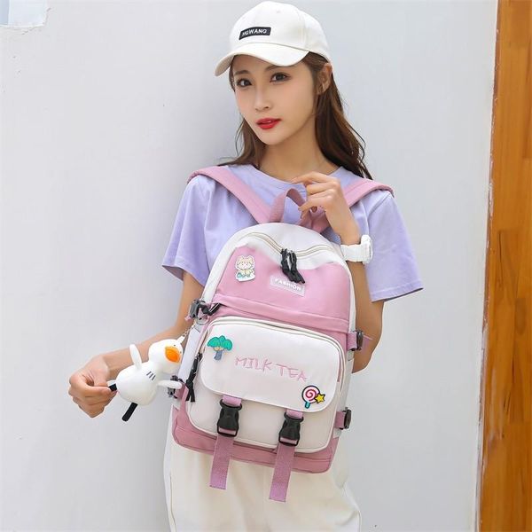 

school bags japanese cute badge pin fashion women's backpack contrast color letter print schoolbag for girls large capacity travel back