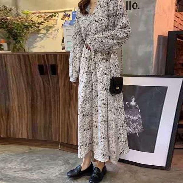 

casual dresses plus size vintage elegant office white women dress 2021 autumn sweet -neck floral printed ruffles mid-calf party vestidos, Black;gray