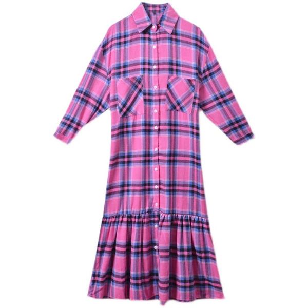 

casual dresses long sleeve splice ruffles plaid dress spring autumn women vintage elegant loose korean style single breasted shirt 2049, Black;gray