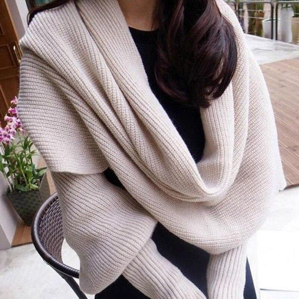 

scarves winter european style women long scarf with sleeves woolen knit for thick warm casual shawl, Blue;gray