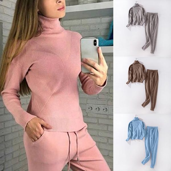 

women's two piece pants women sweater suit and sets casual autumn winter 2 pieces knitted + jersey clothes 6q2449, White