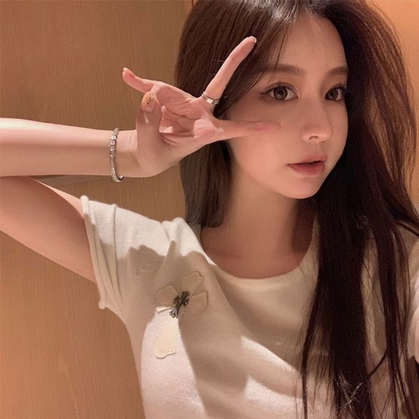 

2021 new cross leather label bottomed shirt women's summer slim thin 100 da white short sleeve knitted t-shirt