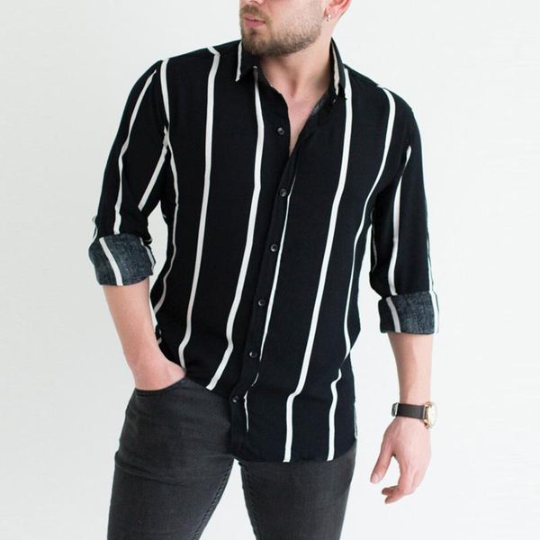 

men's casual shirts fashion striped turn-down collar shirt button slim fit party business long sleeve blouse camisa masculina#g3, White;black