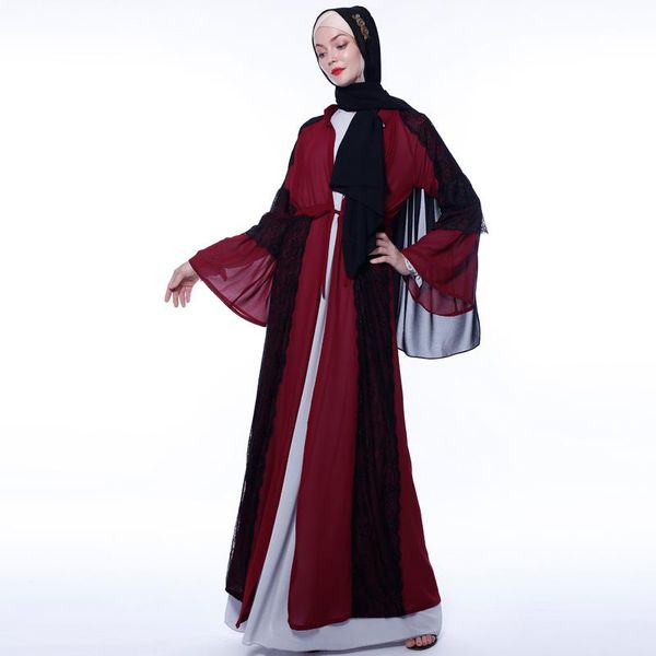 

ethnic clothing muslim dress trumpet sleeve lace national long cardigan contrast color dubai fashion abaya turkey donsignet, Red