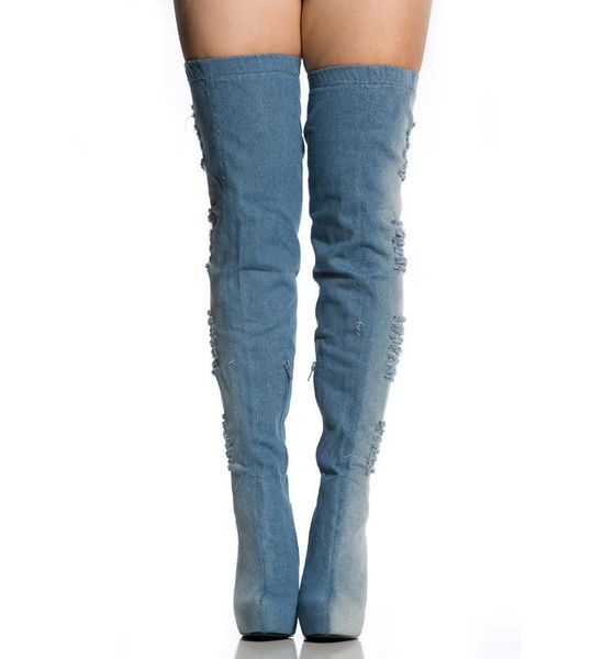 

boots denim women's waterproof platform high heel elastic, Black