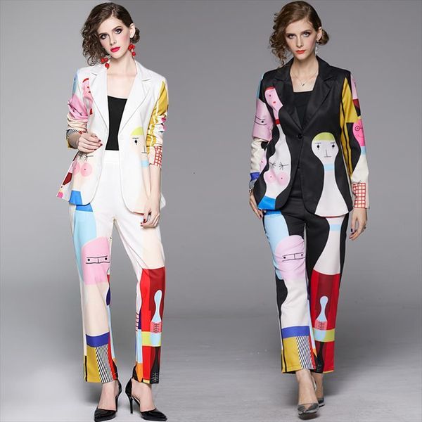 

runway cartoon print suit casual womenpant notched blazer jacket elastic waist pocket autumn office lady 2 piece set, White