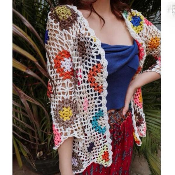 

women's knits & tees ethnic handmade flowers crocheted hollow sweater irregular embroidery cardigan hook floral knit coat bohemian crop, White