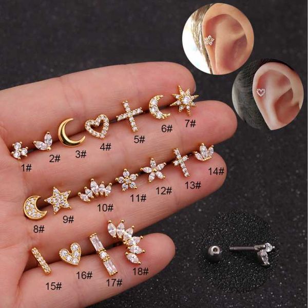 

hoop & huggie 1pc cartilage stud earring for women girls gold and silver color moon star conch tragus ear piercing jewelry, Golden;silver