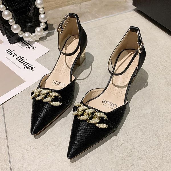 

sandals summer women shoes hollow leather thick heel rhinestone pointed toe metal fashion 2021, Black