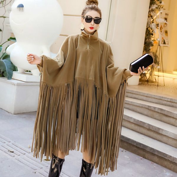 [Ewq] outono inverno mulheres sobretudo Manteau Moda Streetwear Batwing Manga Faux Mink Cashmere Tassel Casaco Casaco Poncho 210423