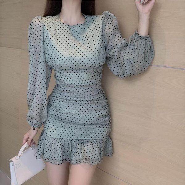 

casual dresses spring fall self-cultivation ruffles mini-dress fashion korean style long sleeve package hip vestidos women clothing, Black;gray
