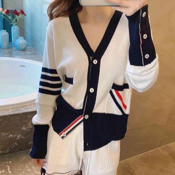 

women's sweaters versatile white marine fashion contrast color mesh monobreasted cardian striped jacquard sleeve loose coat no4c, White;black