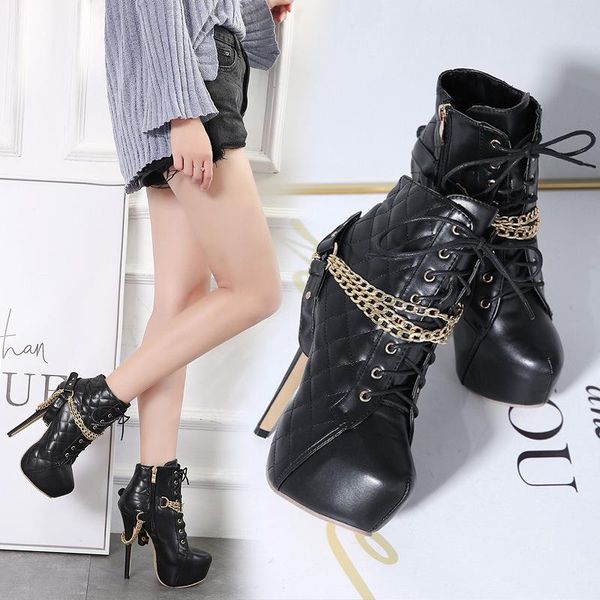 

boots women metal chain motorcycle faux pu platform stiletto ankle super high heels shoes black white d13