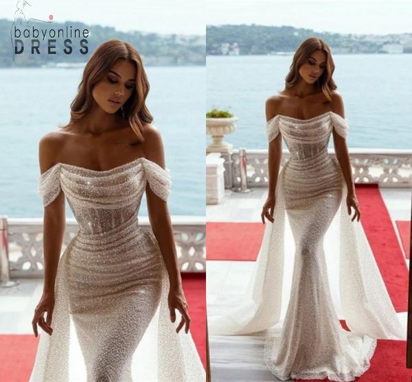 

sparkly sequins mermaid wedding dresses elegant off-the-shoulder pleats arabic dubai luxury bridal dress with detachable sweep train bc10977, White