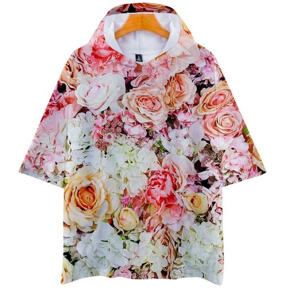 

women's t-shirt 2021 hooded 3d print colorful flowers rose flower chrysanthemum t shirt short sleeve sport men/women hip hop, White