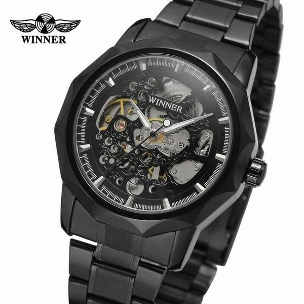 

wristwatches winner men watches auto mechanical watch black skeleton dial gear case stainless steel strap retro wristwatch, Slivery;brown