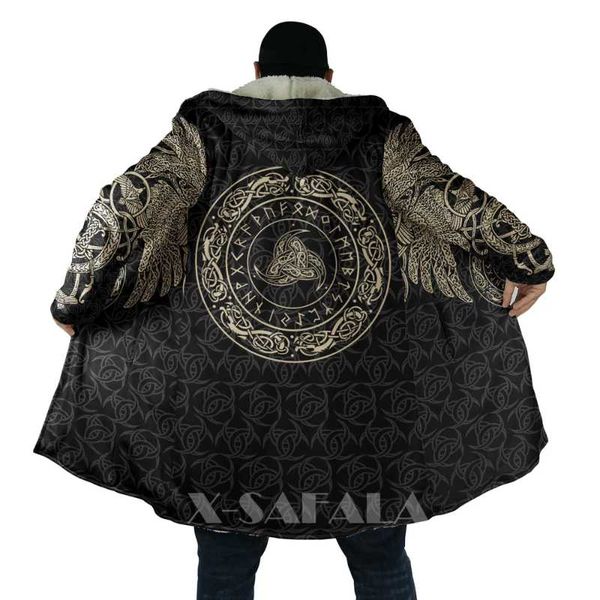 

men's wool & blends viking totem crow eagle all over 3d printed thick warm hooded cloak for men windproof fleece casual-21, Black
