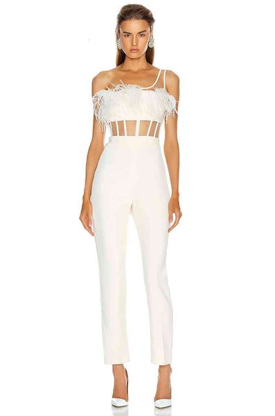 

shorts a feather female will see elegant white shoulder bandage sheer mesh party overalls xawh, White;black