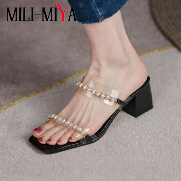 

sandals mili-miya summer woman transparent jelly pvc thick high heel pearls slippers peep toe korean all match shoes, Black