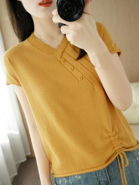 

women's t-shirt 2021 spring and summer 100% cotton female elegance knitted loose-fitting solid pullover v-neck pleated short sleeve, White