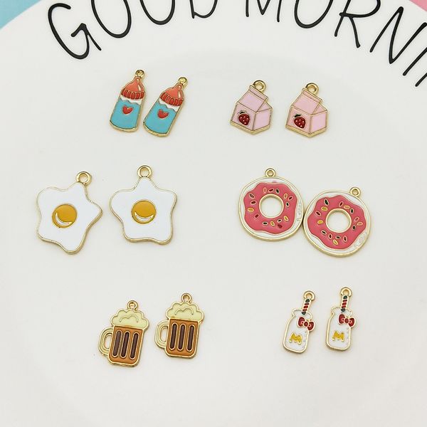 

10pcs omelette milk bottle donut beer cup enamel charms metal pendant for bracelet earring jewelry diy accessories, Bronze;silver