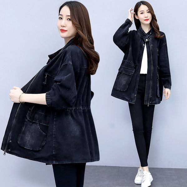 

2021 new women's medium long black denim coat, windbreaker, fashion, korean style, loose, leisure, spring and autumn, 0yxt, Tan;black