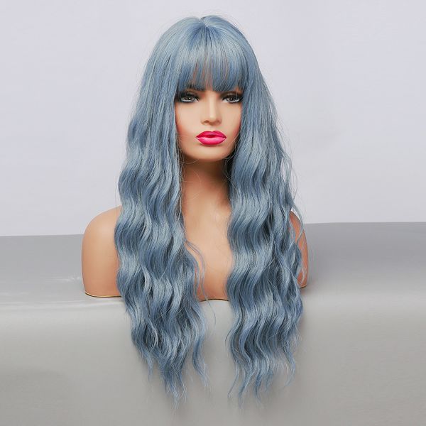 

dusty blue synthetic lace front wigs long body wave with bangs heat resistant fiber for women cosplay, Black