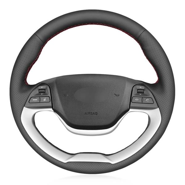 

steering wheel covers black artificial pu faux leather diy custom hand-stitched car cover for kia morning 2011-2021 picanto 2012-2021