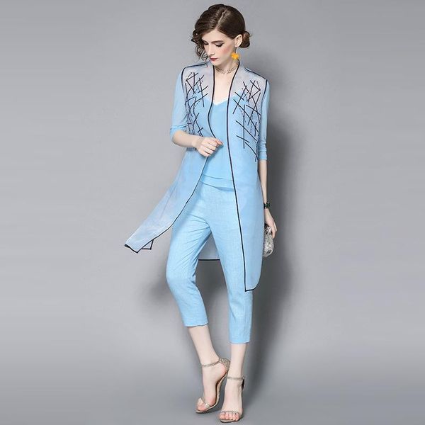 

women's suits & blazers l g spring summer designer woman clothing set pink sky blue strap long jacket calf length pants fashion three-p, White;black