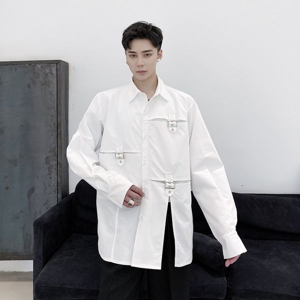 

men's casual shirts original design spring and autumn white sleeve cage half open multi-piece non-mainstream long-sleeve blouse 66p1, White;black