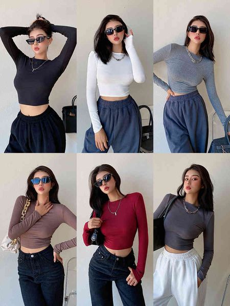 

women's t-shirt european and american style girl with tight threads woman's bottom shirt thin waist high short 0a90, White