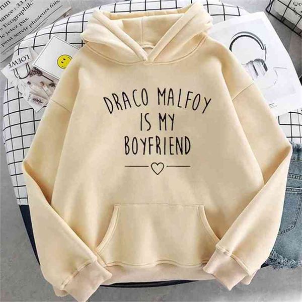 Draco Malfoy ist mein Freund Brief Drucken Hoodie Frauen Beige Casual Sudaderas Hoodies Mode Harajuku Sweatshirts Mit Kapuze 210805