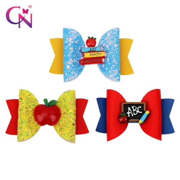 

hair accessories back to school 3 inch glitter clips for girls cartoon resin pencil bow hairgrips barrettes kids, Slivery;white