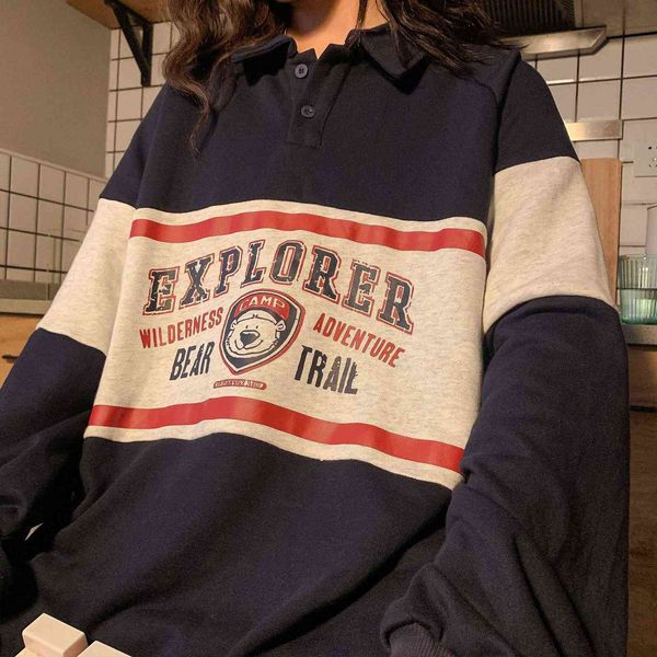 

summer vintage polo collar loose harajuku hoodie long sleeve teens oversized hoodies women print bear sweatshirt trendy 210930, Black