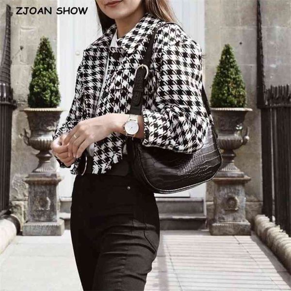 

2121 spring check plaid short jacket vintage women lapel pockets single breasted draped coat cool outerwear 210429, Black;brown