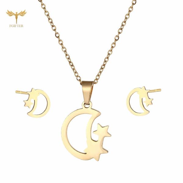 

earrings & necklace romantic lovers moon star collares couple accessories fashion stainless steel jewelry set, Silver