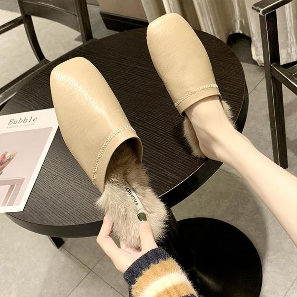 

slippers square close toe sewing mules slides women autumn winter slingback furry fur lazy outside slip-on flats flip flops, Black