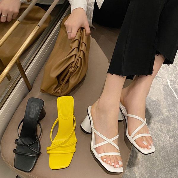 

slippers summer square toe women sandals narrow band high heels flip flops outdoor beach slides shoes, Black